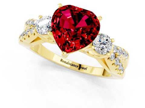 Yellow gold Heart Cut Ruby Three-Stone Ring with Pavé Split Shank and Four-Prong Setting_1