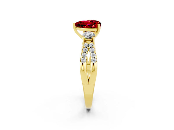 Yellow gold Heart Cut Ruby Three-Stone Ring with Pavé Split Shank and Four-Prong Setting
