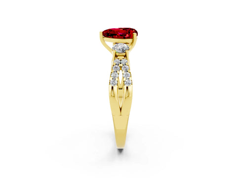 Yellow gold Heart Cut Ruby Three-Stone Ring with Pavé Split Shank and Four-Prong Setting_2
