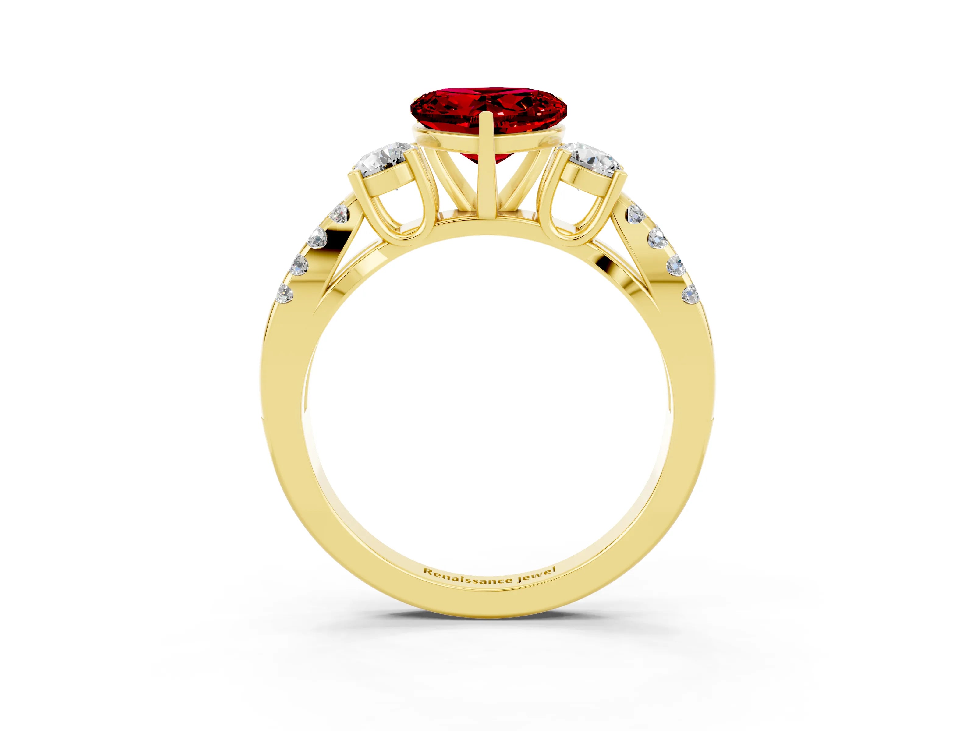 Yellow gold Heart Cut Ruby Three-Stone Ring with Pavé Split Shank and Four-Prong Setting_3