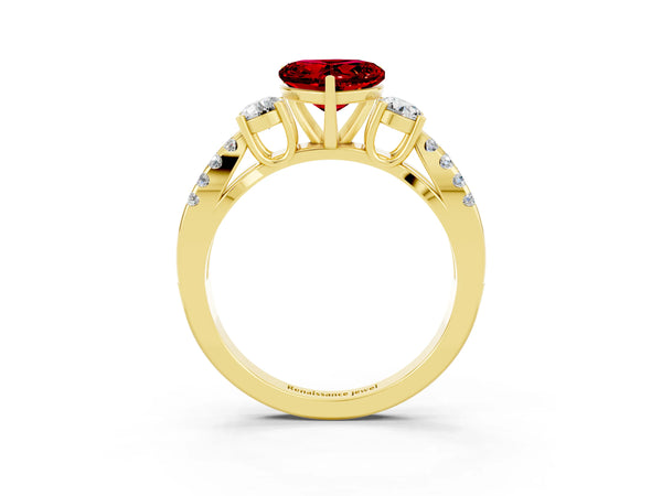 Yellow gold Heart Cut Ruby Three-Stone Ring with Pavé Split Shank and Four-Prong Setting