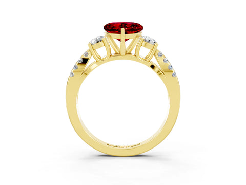 Yellow gold Heart Cut Ruby Three-Stone Ring with Pavé Split Shank and Four-Prong Setting_3