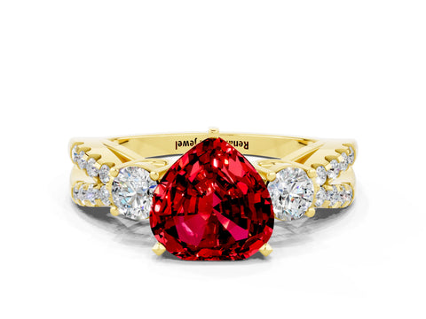 Yellow gold Heart Cut Ruby Three-Stone Ring with Pavé Split Shank and Four-Prong Setting