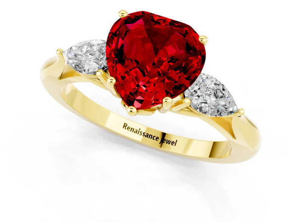 Yellow gold Heart Cut Ruby Three-Stone Ring with Pear  Side Stones and Prong Setting