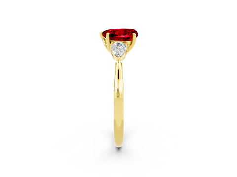 Yellow gold Heart Cut Ruby Three-Stone Ring with Pear Side Stones and Four-Prong Setting_14