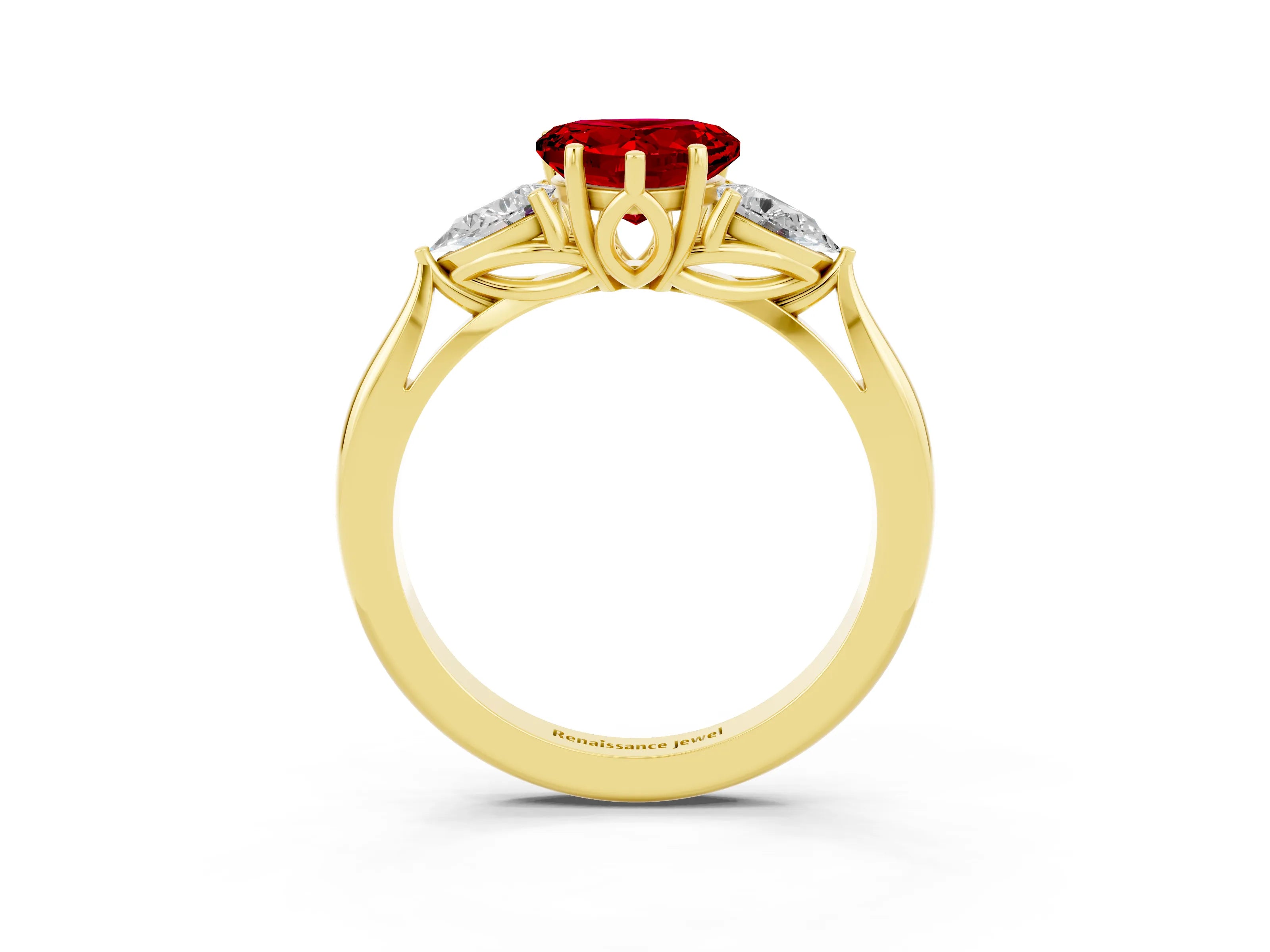 Yellow gold Heart Cut Ruby Three-Stone Ring with Pear Side Stones and Four-Prong Setting_15