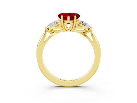 Yellow gold Heart Cut Ruby Three-Stone Ring with Pear Side Stones and Four-Prong Setting_15