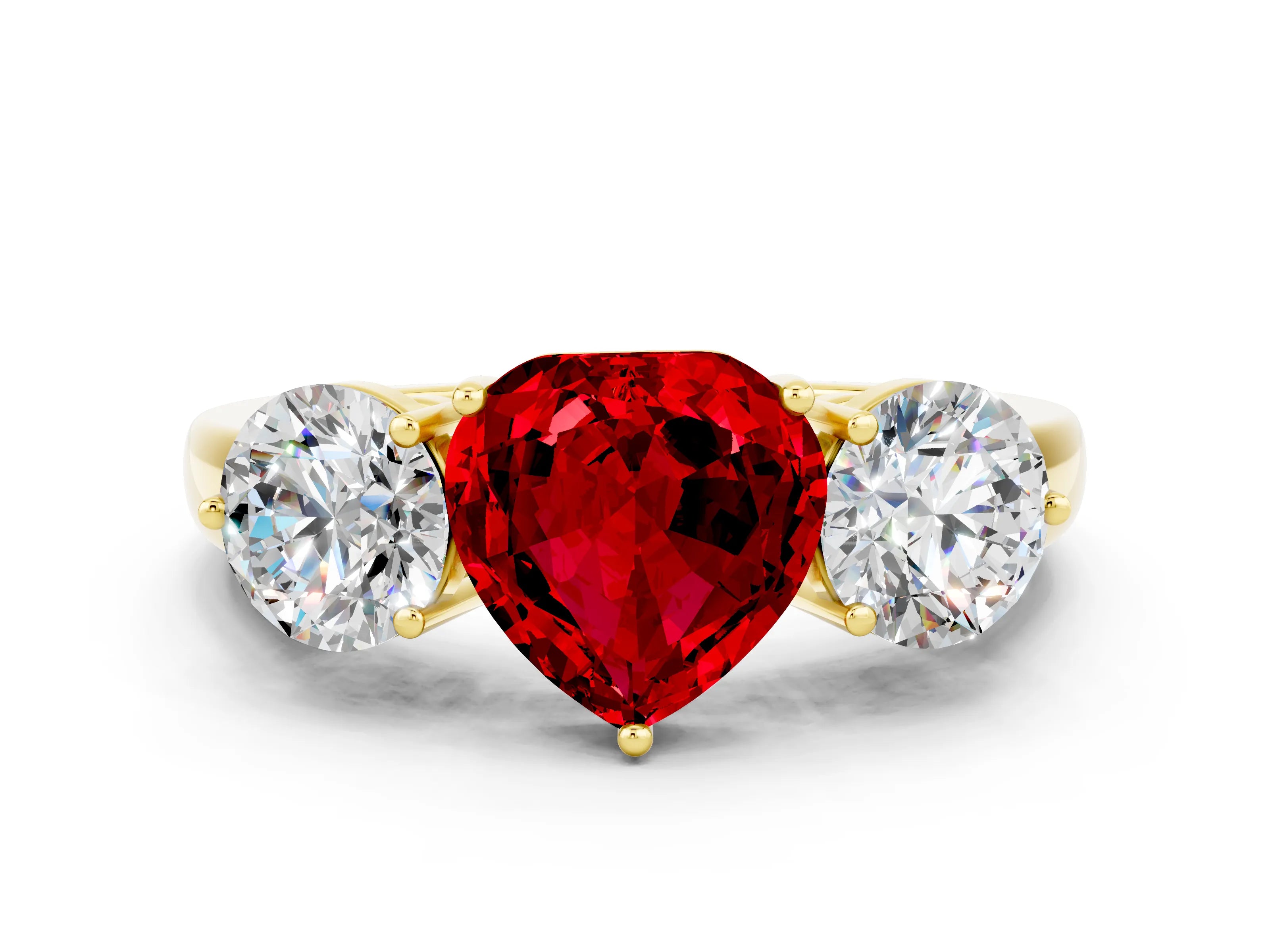 Yellow gold Heart Cut Ruby Three-Stone Ring with Prong Setting and Classic Band