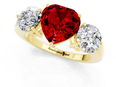 Yellow gold Heart Cut Ruby Three-Stone Ring with Prong Setting and Classic Band_1