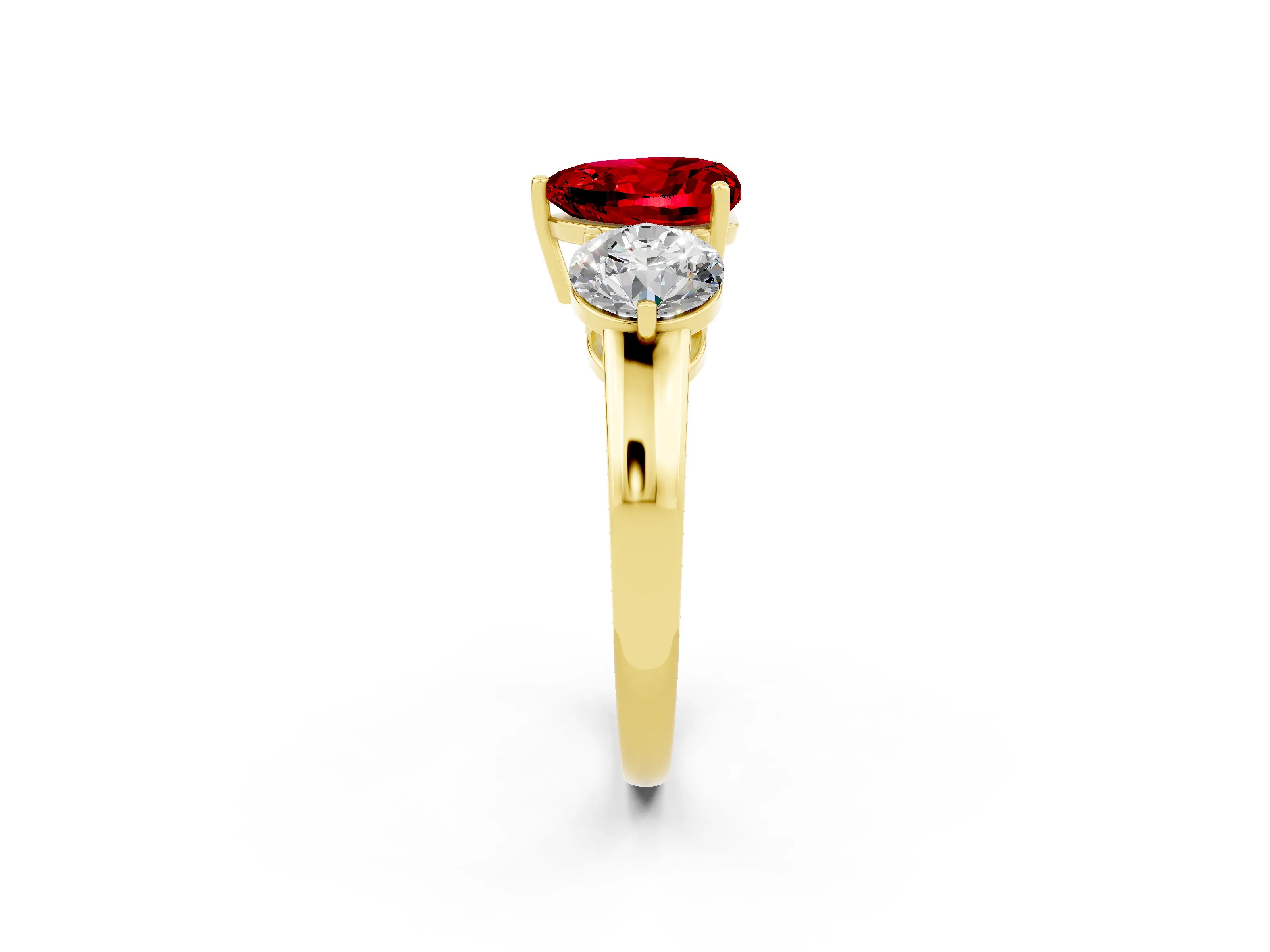 Yellow gold Heart Cut Ruby Three-Stone Ring with Prong Setting and Classic Band_2