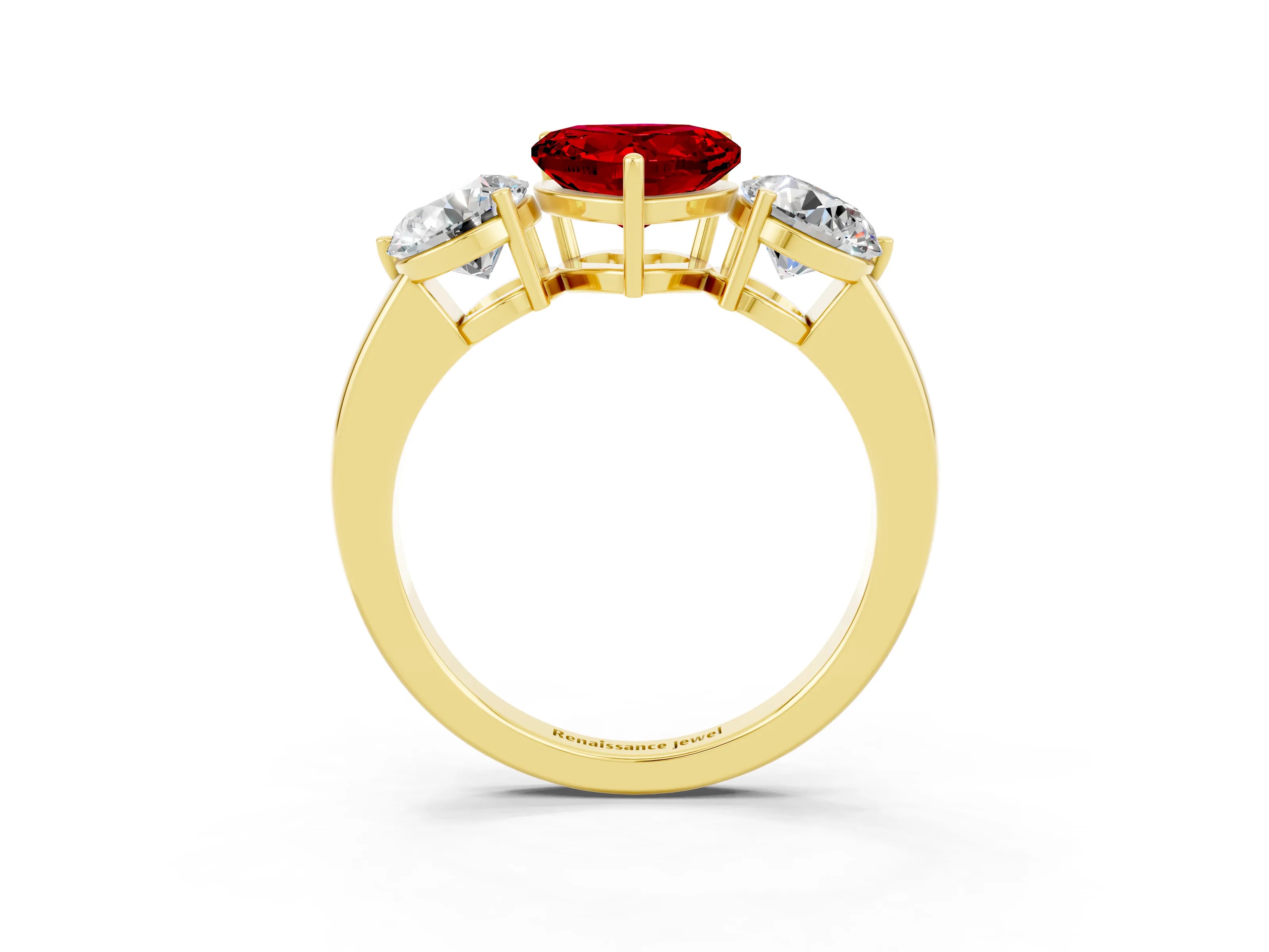 Yellow gold Heart Cut Ruby Three-Stone Ring with Prong Setting and Classic Band_3