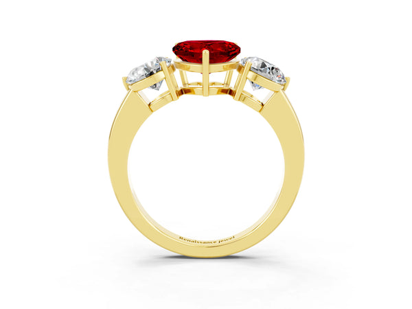 Yellow gold Heart Cut Ruby Three-Stone Ring with Prong Setting and Classic Band