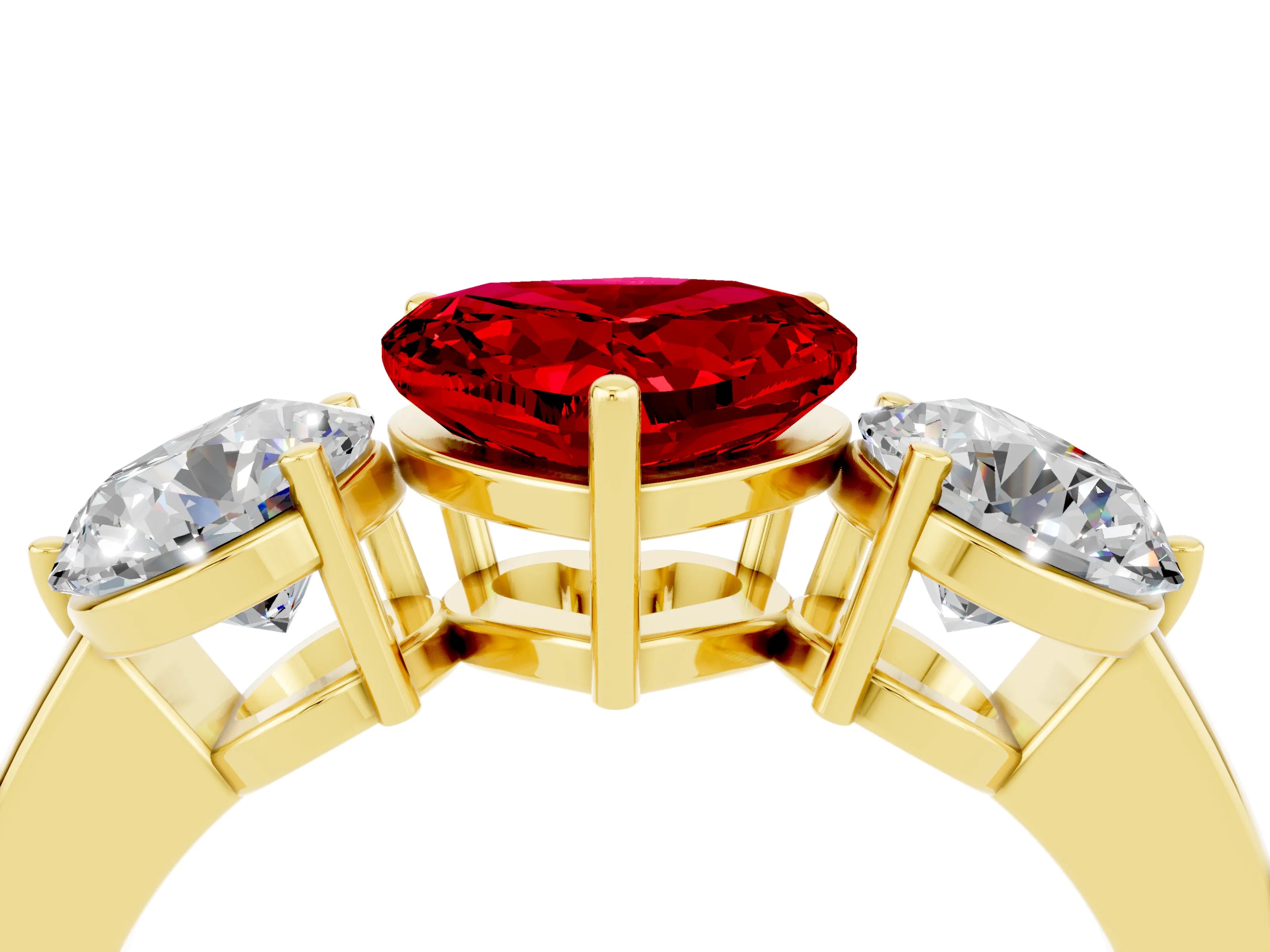 Yellow gold Heart Cut Ruby Three-Stone Ring with Prong Setting and Classic Band_4