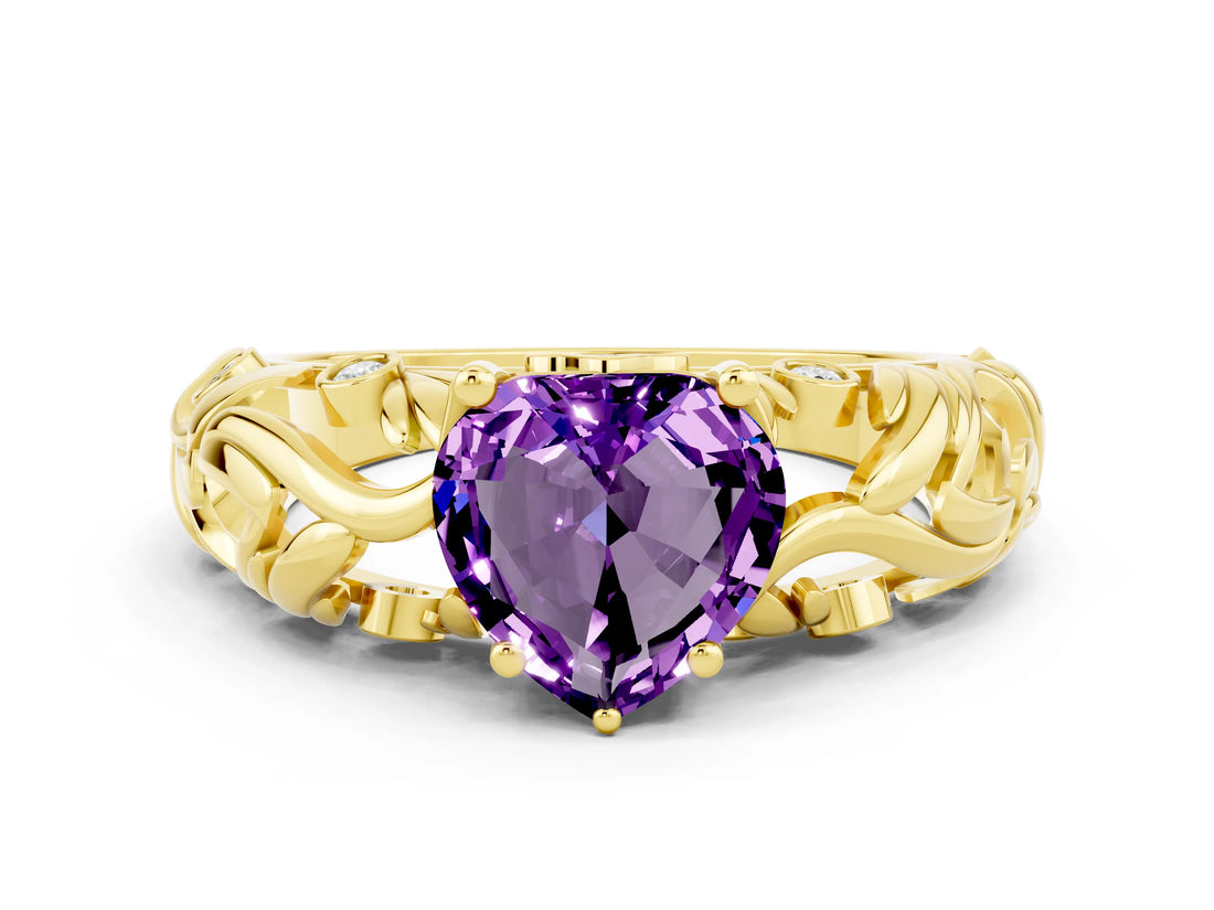 Yellow gold Heart Cut Solitaire Amethyst Leaf-Inspired Vine Band Ring with Prong Setting