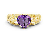Yellow gold Heart Cut Solitaire Amethyst Leaf-Inspired Vine Band Ring with Prong Setting
