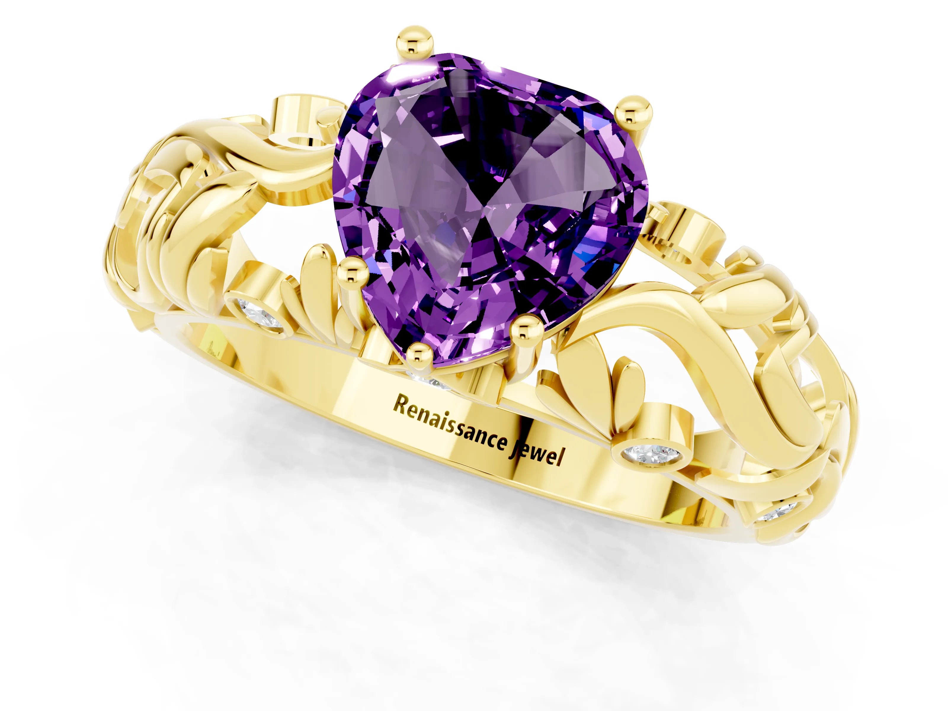 Yellow gold Heart Cut Solitaire Amethyst Leaf-Inspired Vine Band Ring with Prong Setting_1