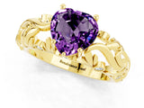 Yellow gold Heart Cut Solitaire Amethyst Leaf-Inspired Vine Band Ring with Prong Setting_1