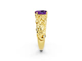 Yellow gold Heart Cut Solitaire Amethyst Leaf-Inspired Vine Band Ring with Prong Setting_2