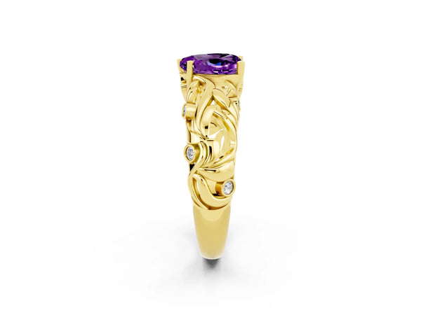 Yellow gold Heart Cut Solitaire Amethyst Leaf-Inspired Vine Band Ring with Prong Setting