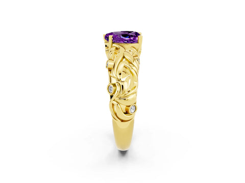 Yellow gold Heart Cut Solitaire Amethyst Leaf-Inspired Vine Band Ring with Prong Setting_2