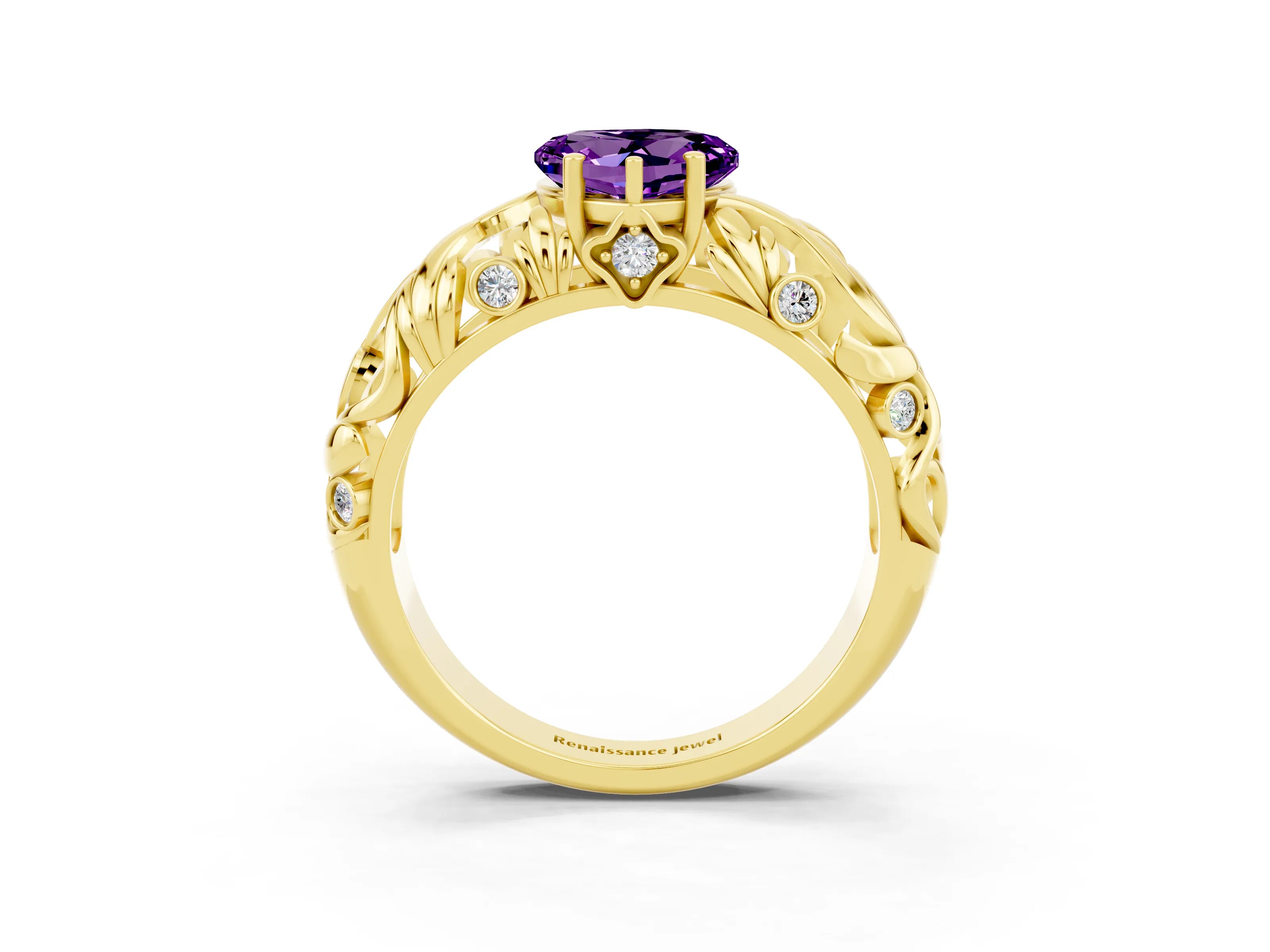 Yellow gold Heart Cut Solitaire Amethyst Leaf-Inspired Vine Band Ring with Prong Setting_3