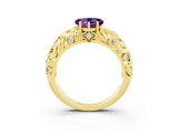 Yellow gold Heart Cut Solitaire Amethyst Leaf-Inspired Vine Band Ring with Prong Setting_3
