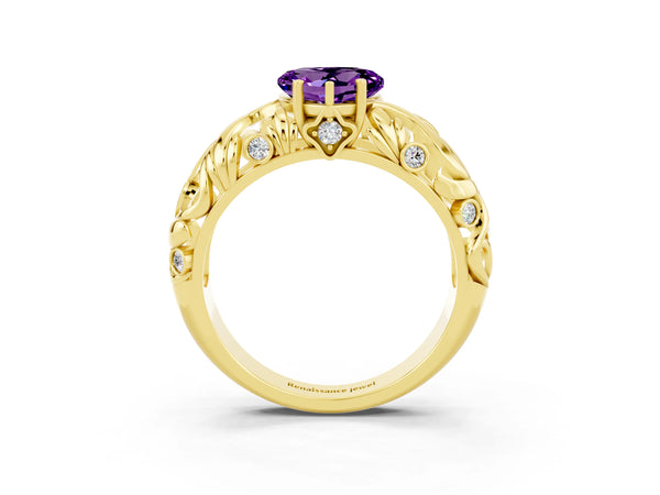 Yellow gold Heart Cut Solitaire Amethyst Leaf-Inspired Vine Band Ring with Prong Setting