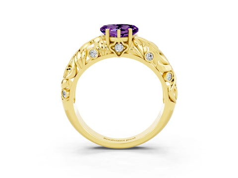 Yellow gold Heart Cut Solitaire Amethyst Leaf-Inspired Vine Band Ring with Prong Setting_3