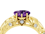 Yellow gold Heart Cut Solitaire Amethyst Leaf-Inspired Vine Band Ring with Prong Setting_4