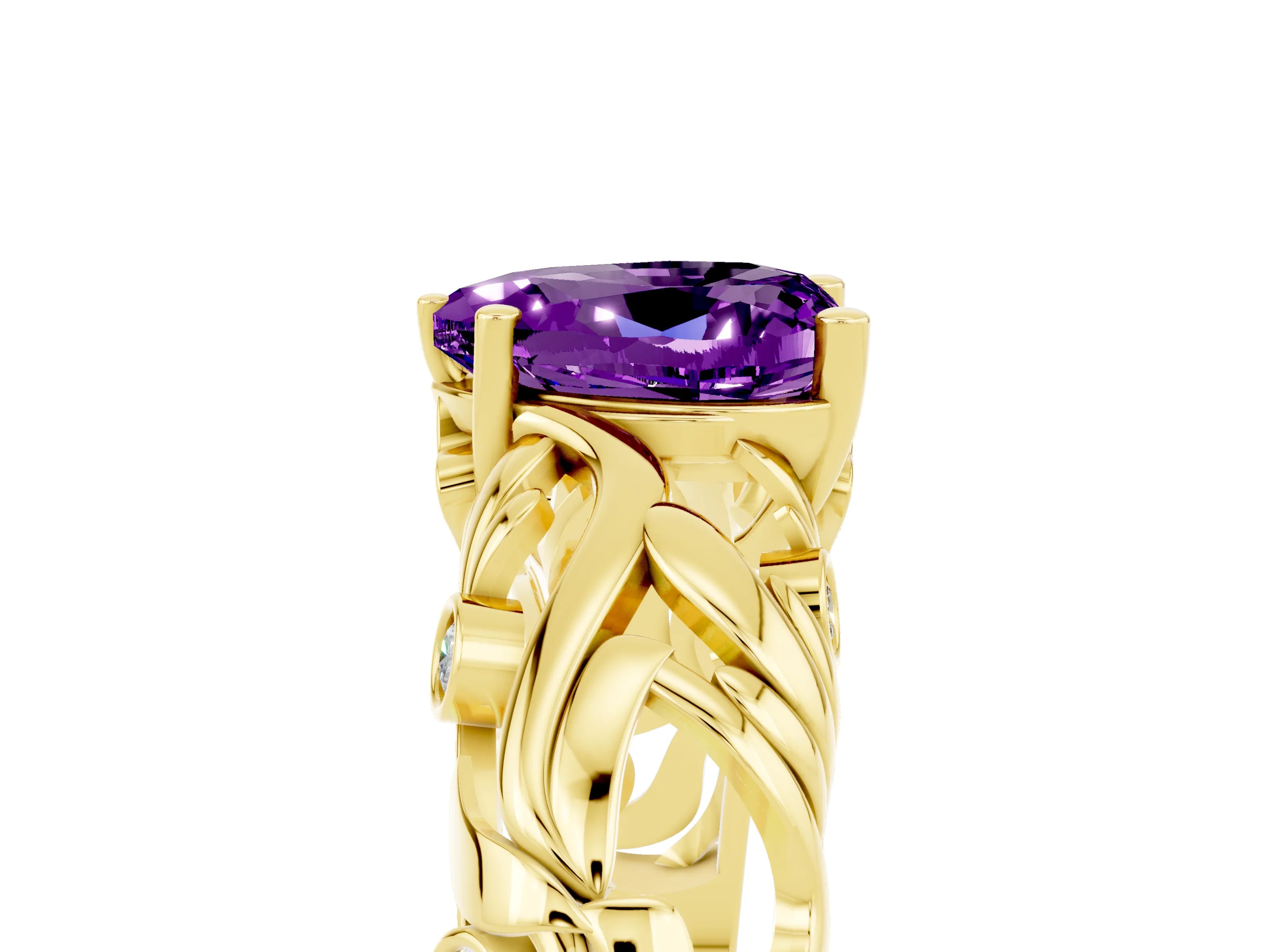 Yellow gold Heart Cut Solitaire Amethyst Leaf-Inspired Vine Band Ring with Prong Setting_5