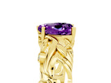 Yellow gold Heart Cut Solitaire Amethyst Leaf-Inspired Vine Band Ring with Prong Setting_5
