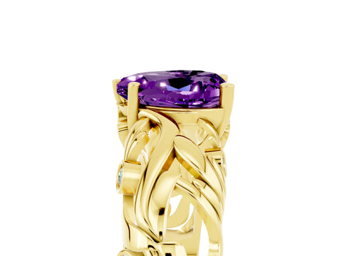 Yellow gold Heart Cut Solitaire Amethyst Leaf-Inspired Vine Band Ring with Prong Setting_5
