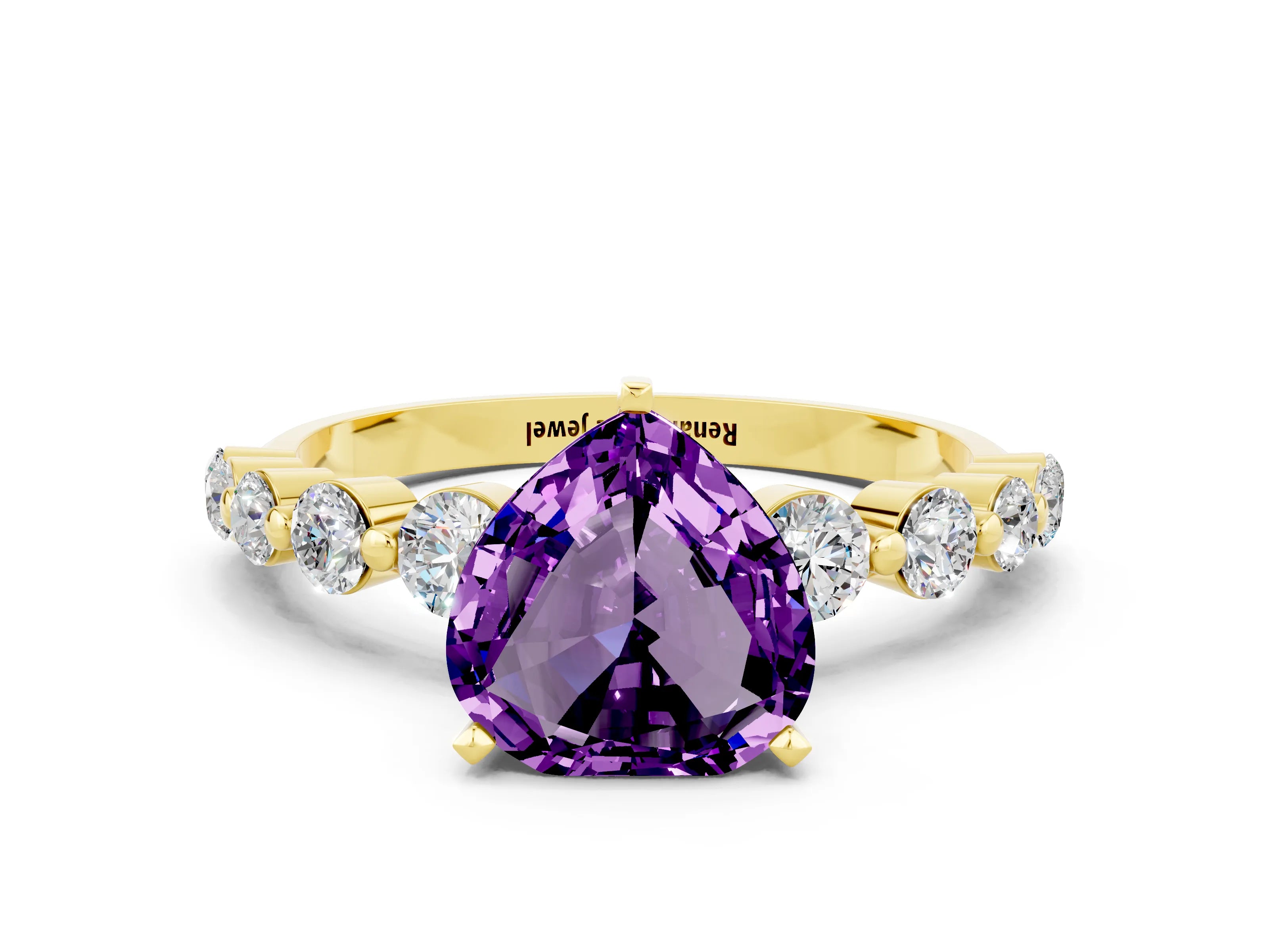 Yellow gold Heart Cut Solitaire Amethyst Ring with Pave Band and Four-Prong Setting
