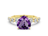 Yellow gold Heart Cut Solitaire Amethyst Ring with Pave Band and Four-Prong Setting