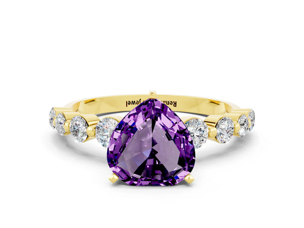 Yellow gold Heart Cut Solitaire Amethyst Ring with Pave Band and Four-Prong Setting