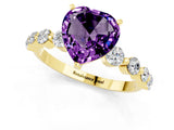 Yellow gold Heart Cut Solitaire Amethyst Ring with Pave Band and Four-Prong Setting_1