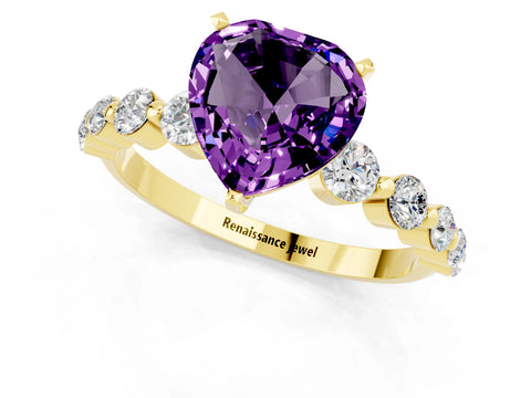 Yellow gold Heart Cut Solitaire Amethyst Ring with Pave Band and Four-Prong Setting_1