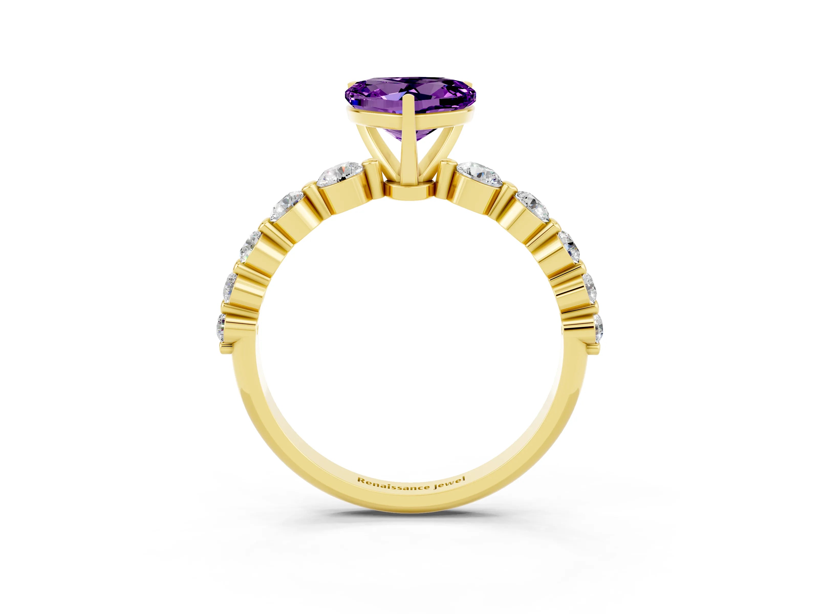 Yellow gold Heart Cut Solitaire Amethyst Ring with Pave Band and Four-Prong Setting_3