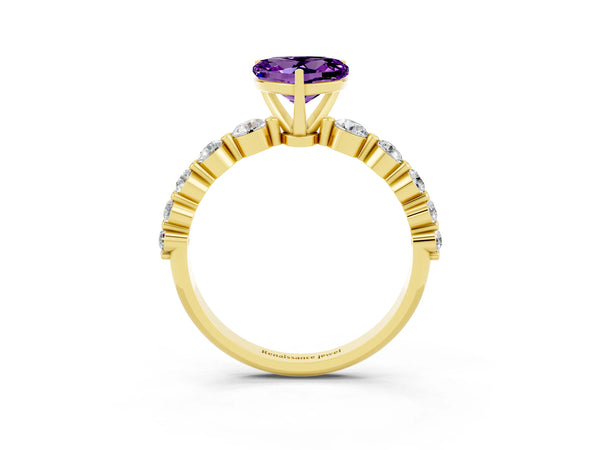 Yellow gold Heart Cut Solitaire Amethyst Ring with Pave Band and Four-Prong Setting