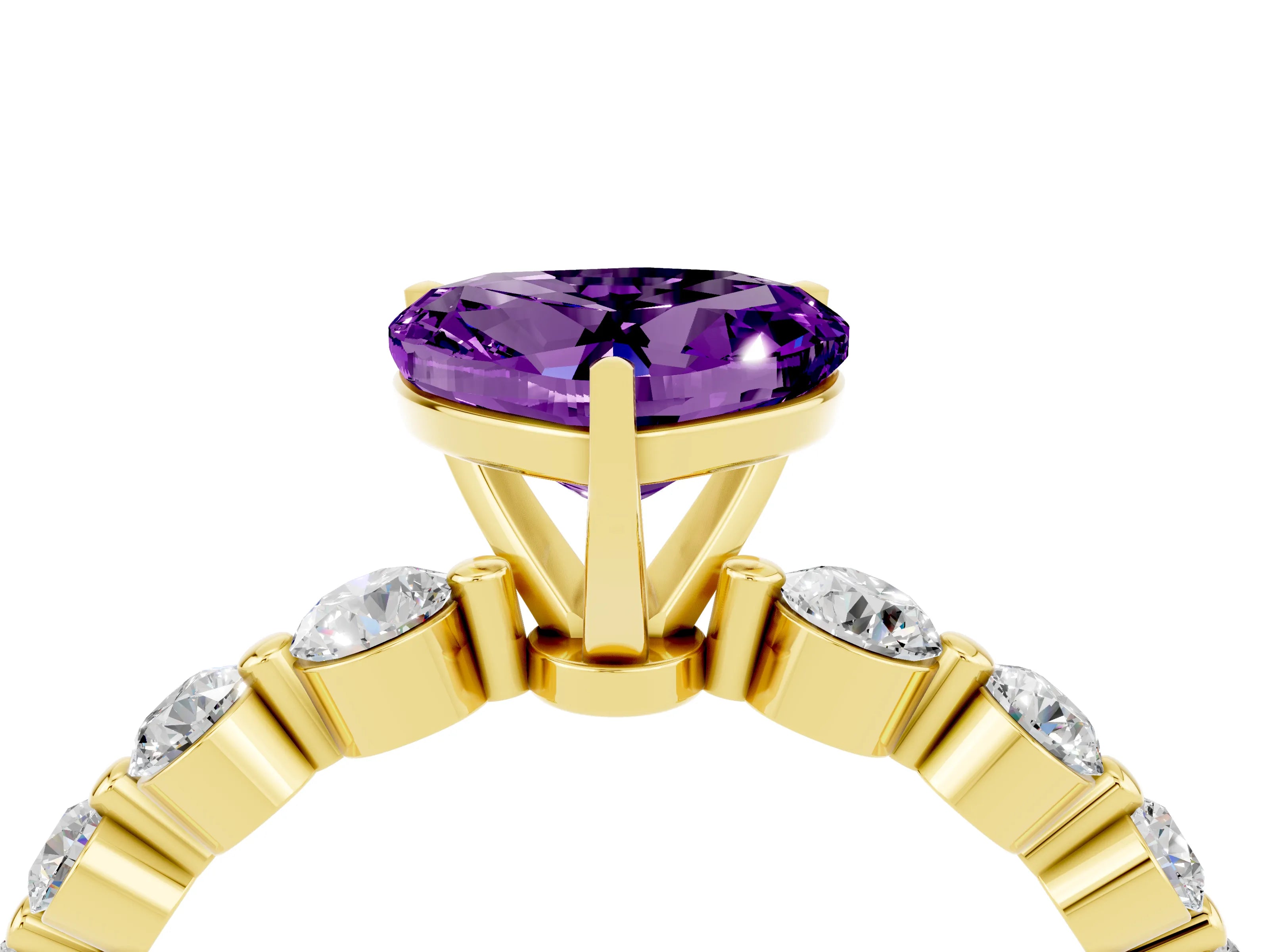 Yellow gold Heart Cut Solitaire Amethyst Ring with Pave Band and Four-Prong Setting_4