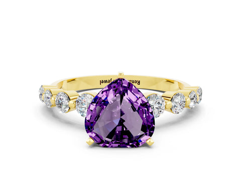 Yellow gold Heart Cut Solitaire Amethyst Ring with Pave Band and Four-Prong Setting