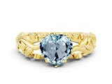 Yellow gold Heart Cut Solitaire Aquamarine Leaf-Inspired Vine Band Ring with Prong Setting