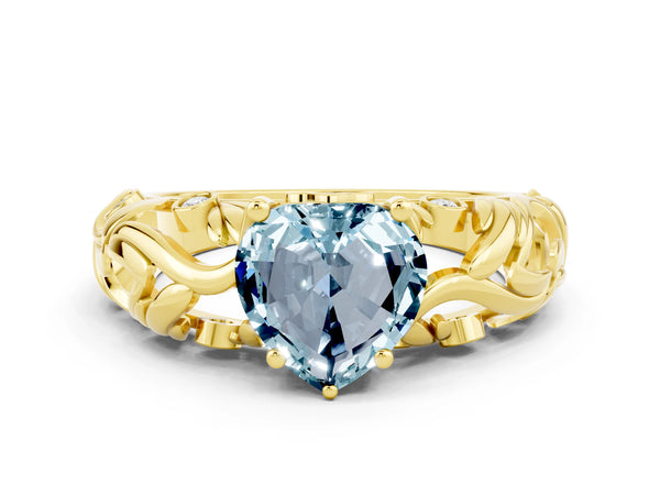 Yellow gold Heart Cut Solitaire Aquamarine Leaf-Inspired Vine Band Ring with Prong Setting