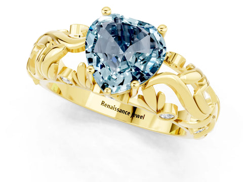 Yellow gold Heart Cut Solitaire Aquamarine Leaf-Inspired Vine Band Ring with Prong Setting_1