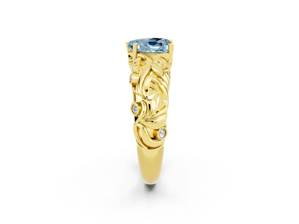 Yellow gold Heart Cut Solitaire Aquamarine Leaf-Inspired Vine Band Ring with Prong Setting