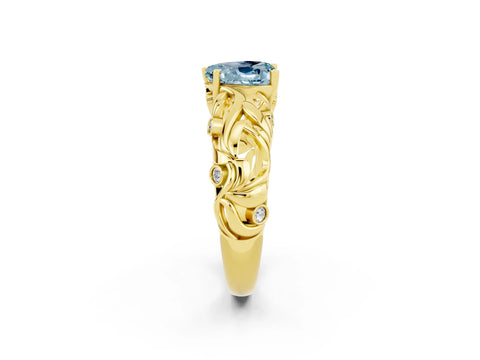 Yellow gold Heart Cut Solitaire Aquamarine Leaf-Inspired Vine Band Ring with Prong Setting_2