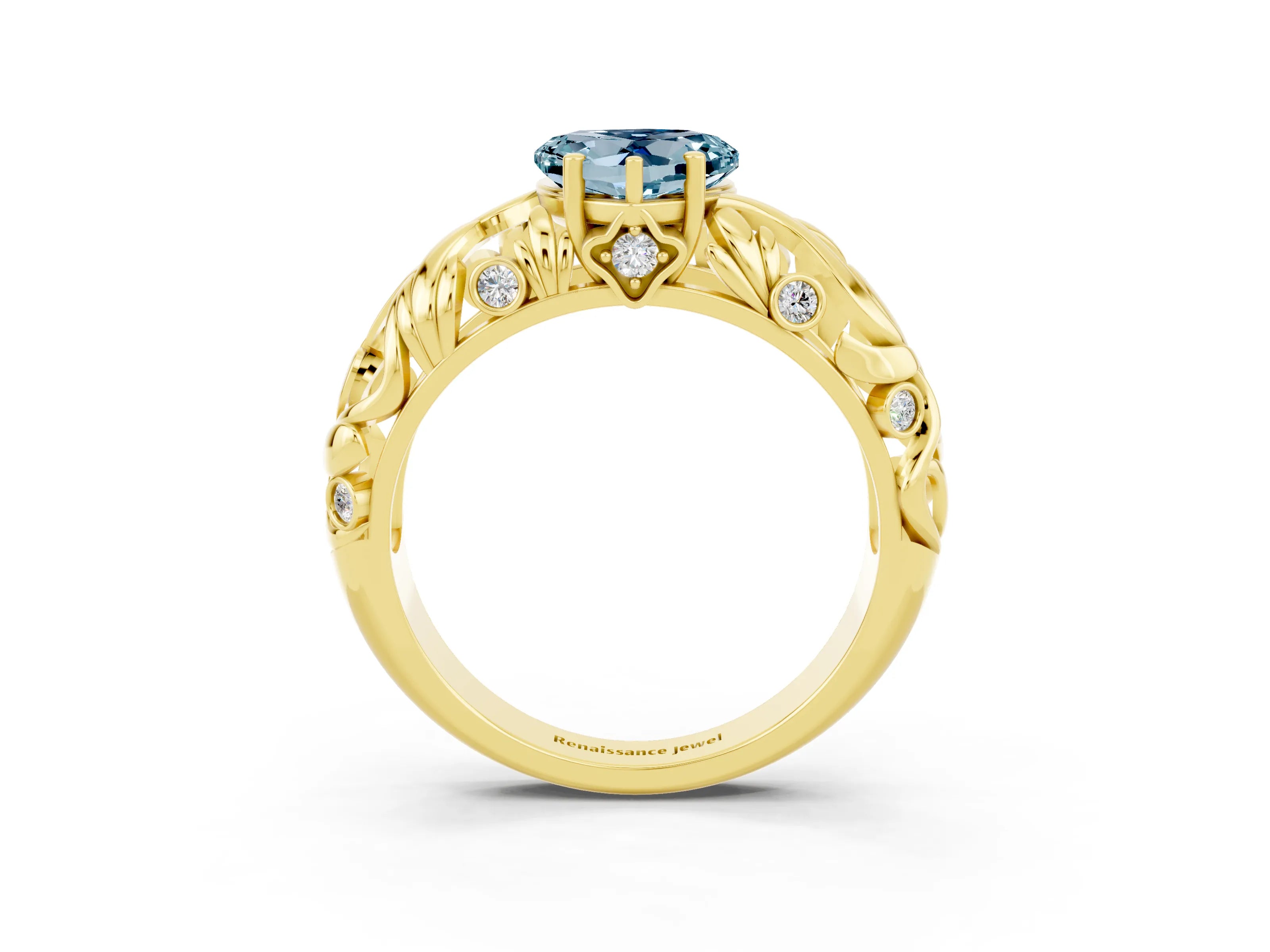 Yellow gold Heart Cut Solitaire Aquamarine Leaf-Inspired Vine Band Ring with Prong Setting_3