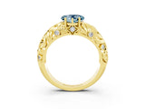 Yellow gold Heart Cut Solitaire Aquamarine Leaf-Inspired Vine Band Ring with Prong Setting_3