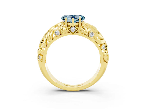 Yellow gold Heart Cut Solitaire Aquamarine Leaf-Inspired Vine Band Ring with Prong Setting