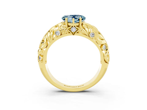 Yellow gold Heart Cut Solitaire Aquamarine Leaf-Inspired Vine Band Ring with Prong Setting_3